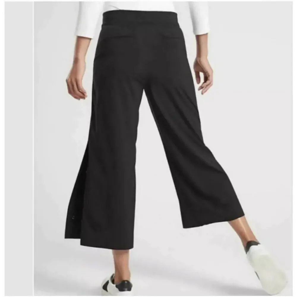 ATHLETA Pants SZ 12 Tribeca Wide Leg Cropped Black Button Hem Black Crop Zipper
